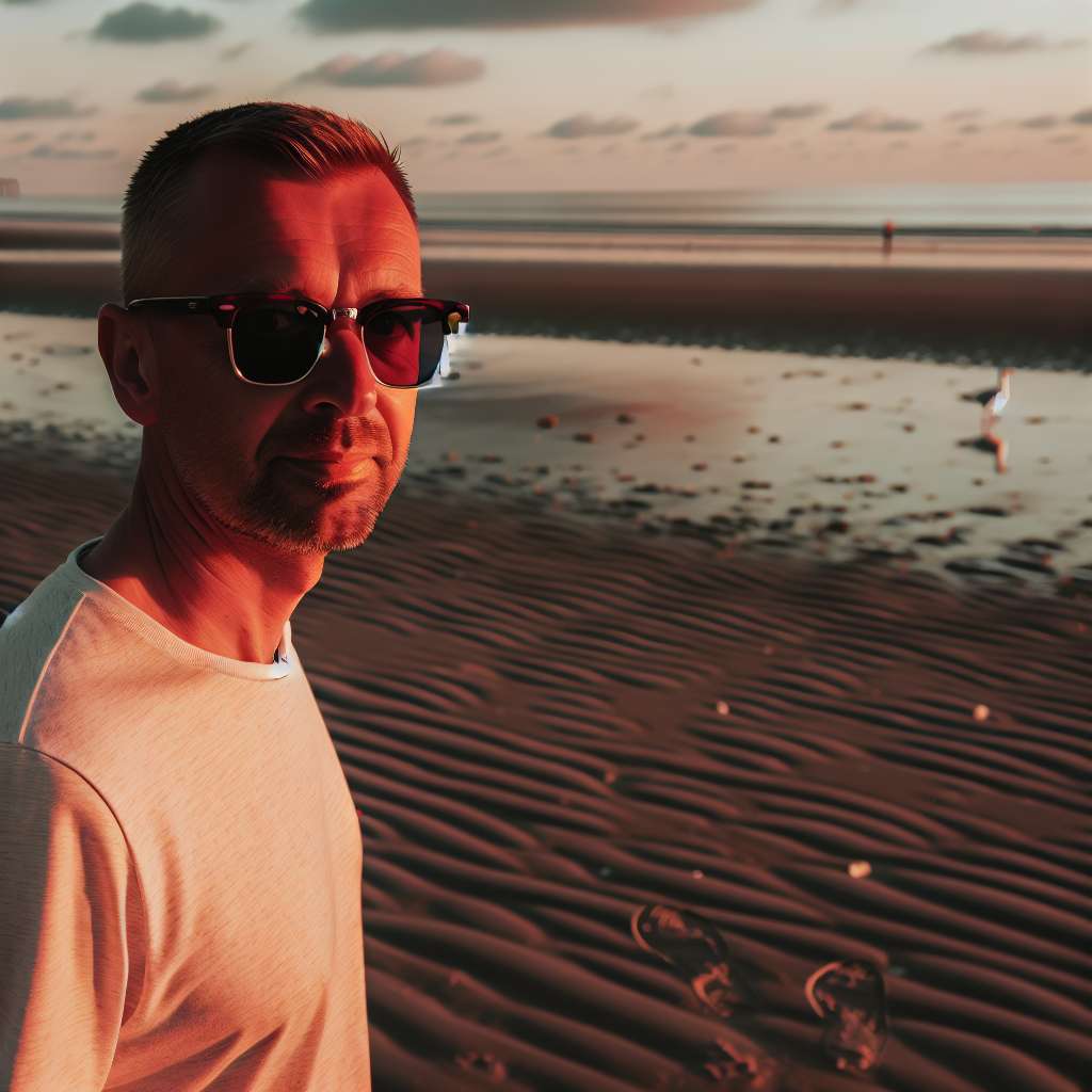 Person läuft am Strand entlang mit Sonnenbrille RayBan Wayfarer.