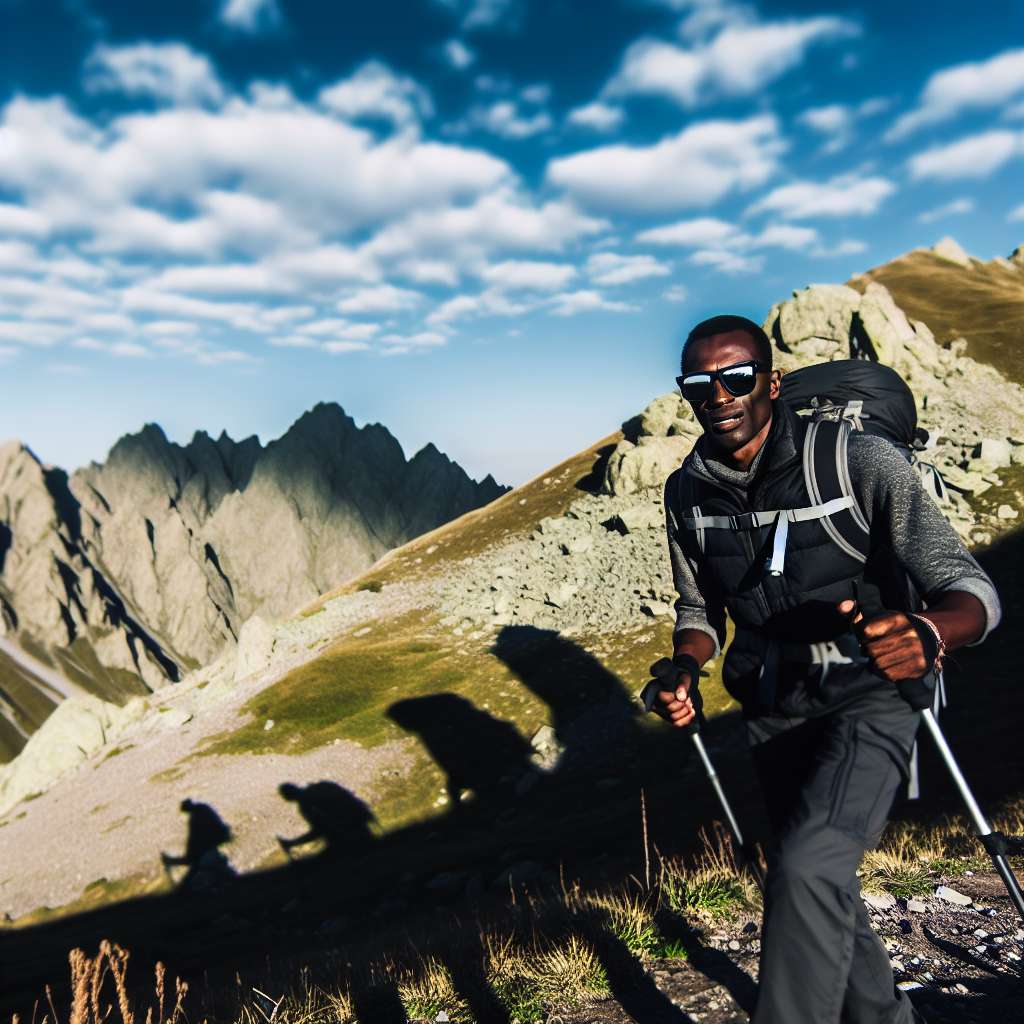 Person mit RayBan Wayfarer Sonnenbrille läuft durch eine Bergwelt
