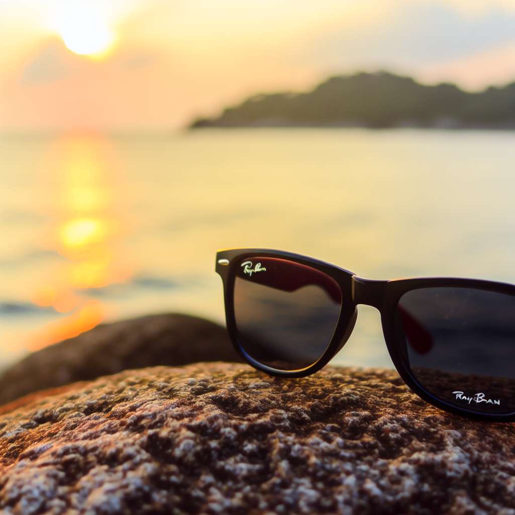 RayBan Wayfarer Sonnenbrille liegt auf einem Stein am Meer und wird bei Sonnenuntergang angestrahlt