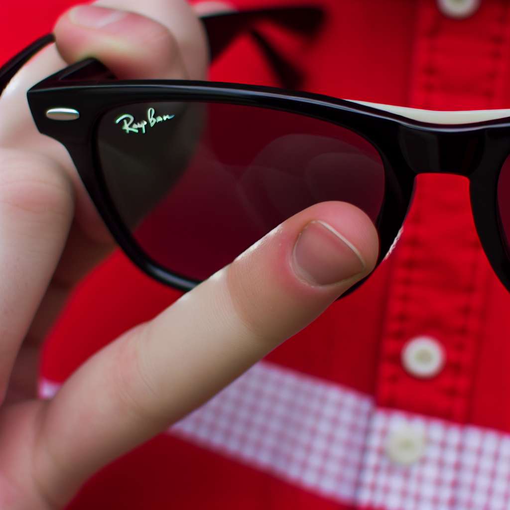 RayBan Wayfarer Sonnenbrille. Eine Person hat den Finger am Bügel