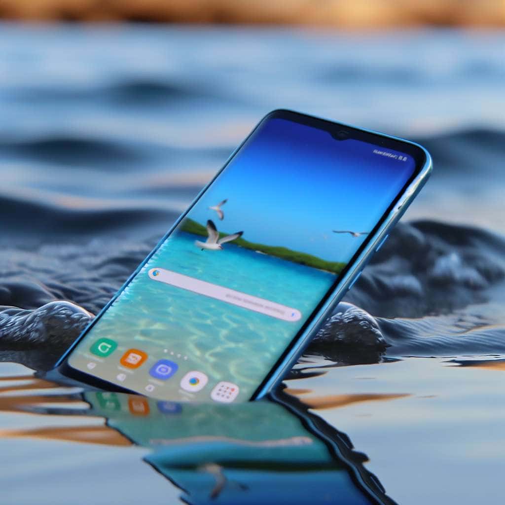 Samsung Galaxy S24 liegt im Wasser am Meer mit Display nach vorne