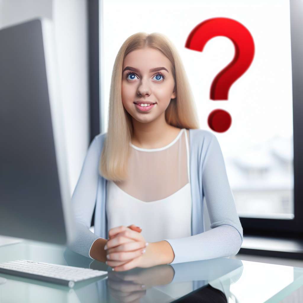 Sehr hübsche 20 jährige europäische Frau, die vor einem Windows 11 Computer sitzt und ein Fragezeichen über dem Kopf schwebend hat. Blick Richtung Computer.