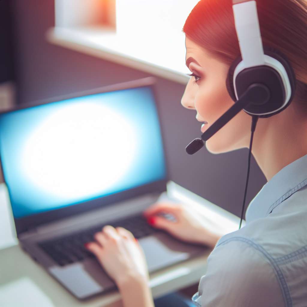 Sehr hübsche junge Frau europäisches aussehen, 20 Jahre alt, sitzt vor einem Laptop und hat ein Headset mit Mikrofon auf.