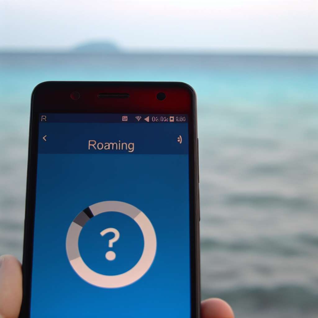Smartphone mit Roaming Zeichen "R" in der Statusleiste. Im Hintergrund zu sehen das Meer.