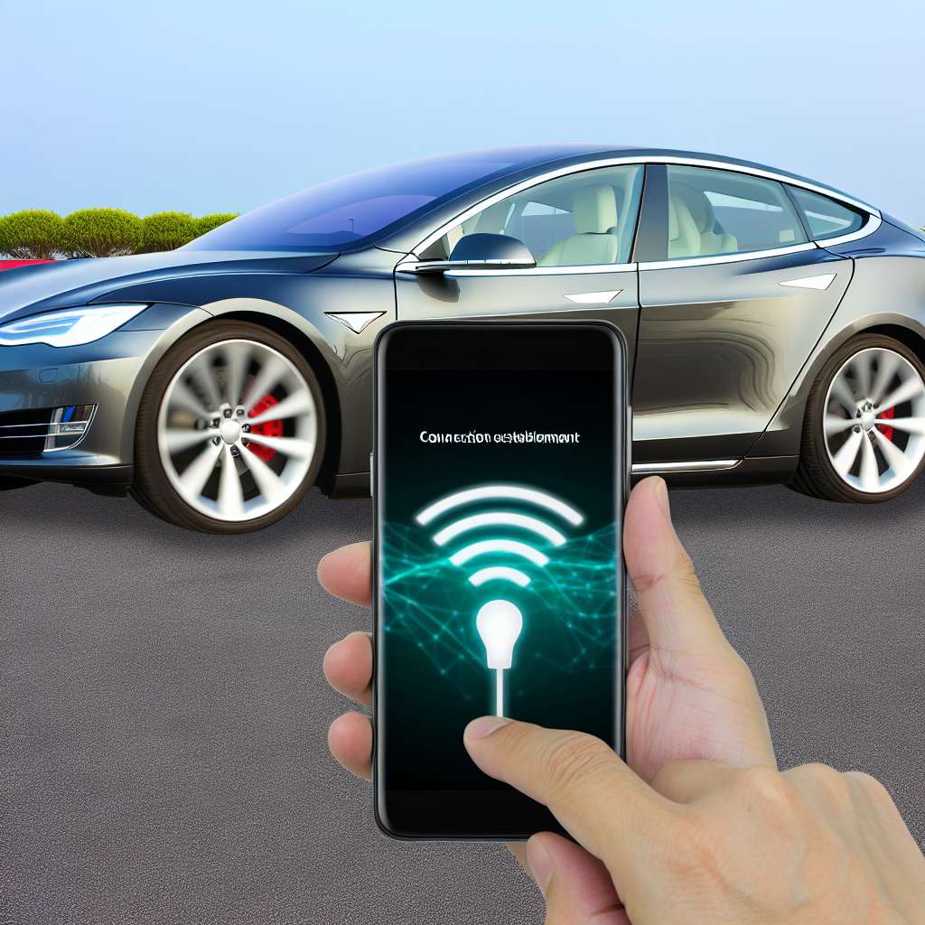 Tesla Fahrzeug, davor Smartphone mit Anzeige Verbindungsaufbau