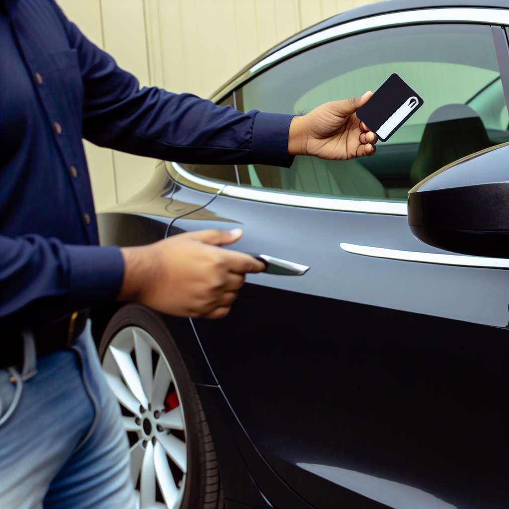 Tesla Model 3 Person hält Schlüsselkarte an den NFC Leser an der B Säule. Türen sind geschlossen