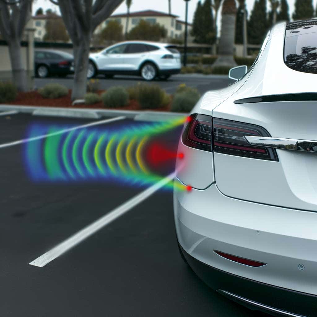 Tesla parkt in Parklücke ein. Anzeige der Parksensor Schallwellen.