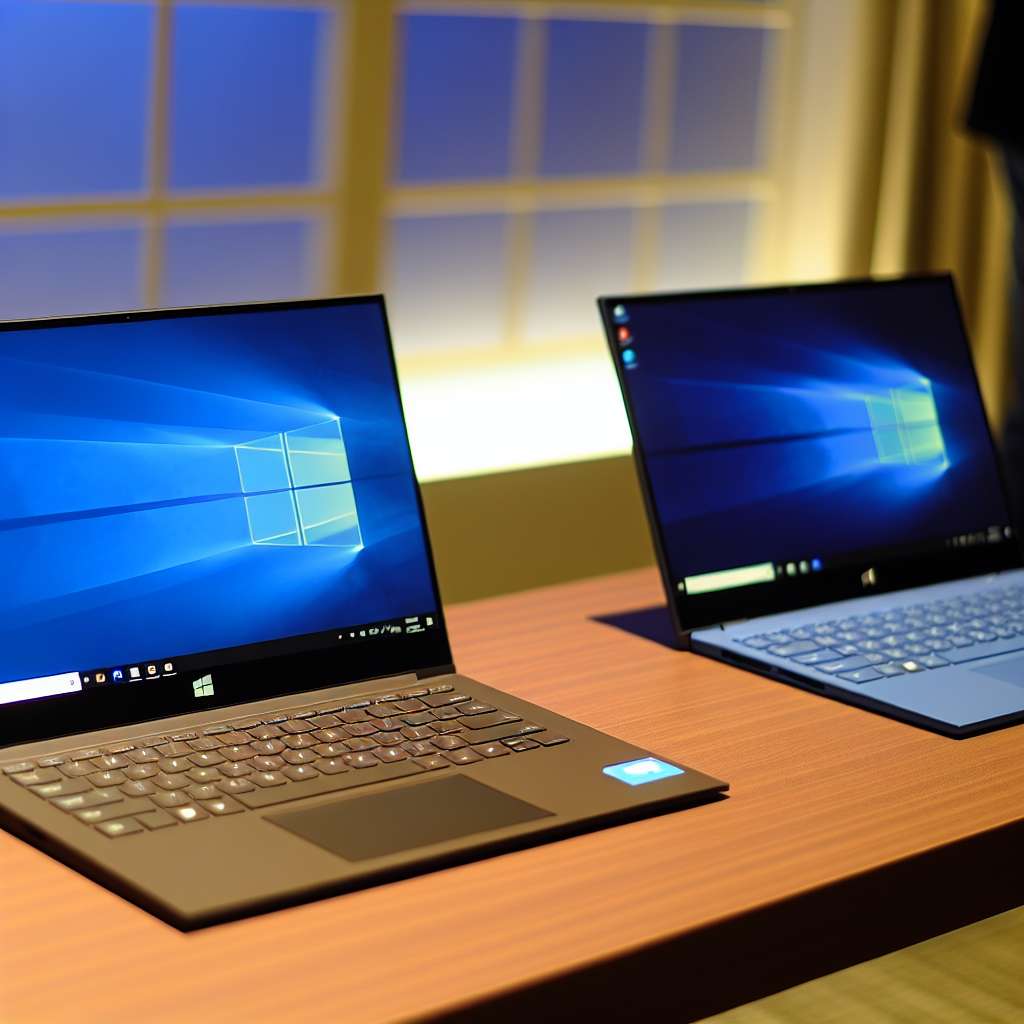 Windows 10 Laptop und Windows 11 Laptop stehen nebeneinander auf einem Tisch