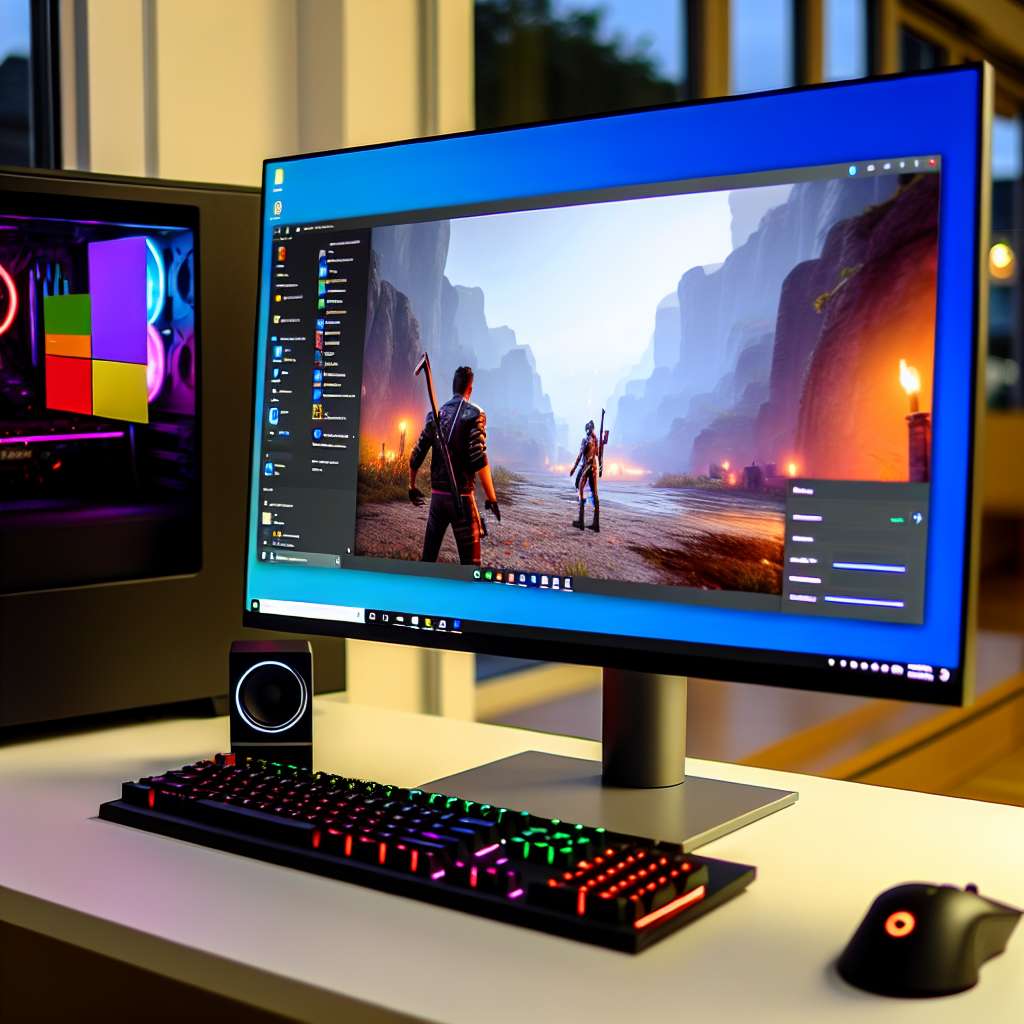 Windows 11 COmputer mit hochauflösendem Videospiel auf dem Monitor