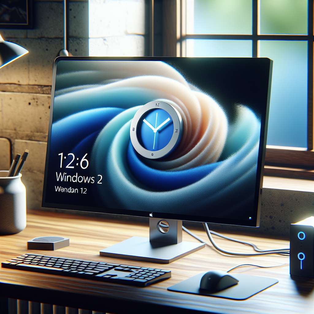 Windows 11 Computer mit Uhrzeit auf Monitor