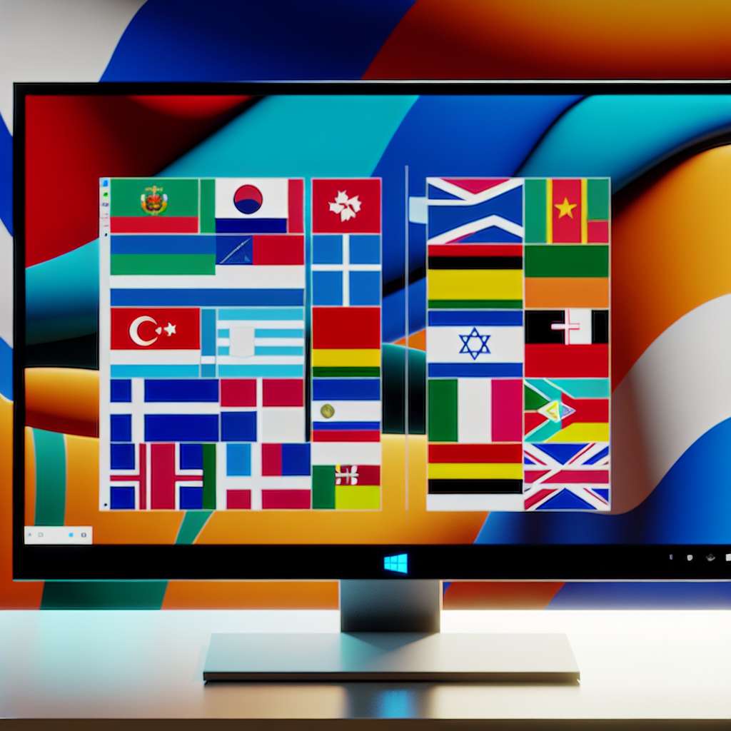 Windows 11 Computer mit vielen verschiedenen Flaggen auf dem Monitor