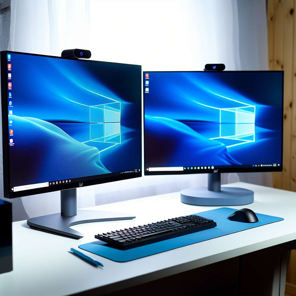 Windows 11 Desktop PC mit zwei Bildschirmen, die auf dem Schreibtisch stehen.