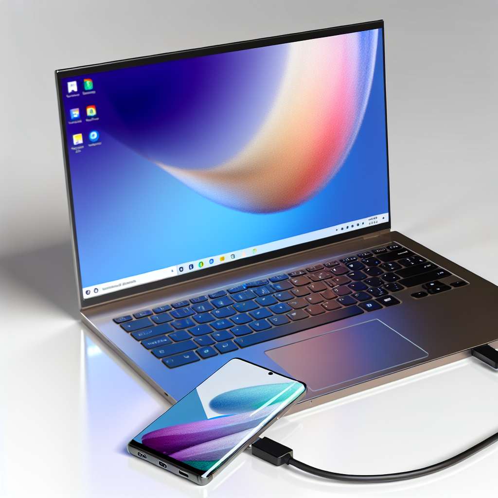 Windows 11 Laptop an dem ein Samsung Galaxy S25 angeschlossen ist über USB Kabel