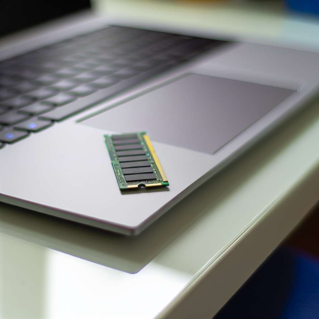Windows 11 Laptop Arbeitsspeicher Riegel liegt daneben auf dem Tisch