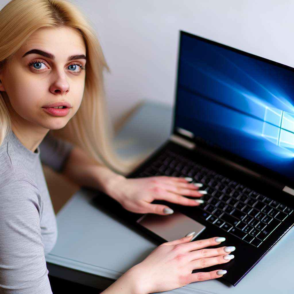Windows 11 Laptop blondes mädchen 25 Jahre sitzt davor