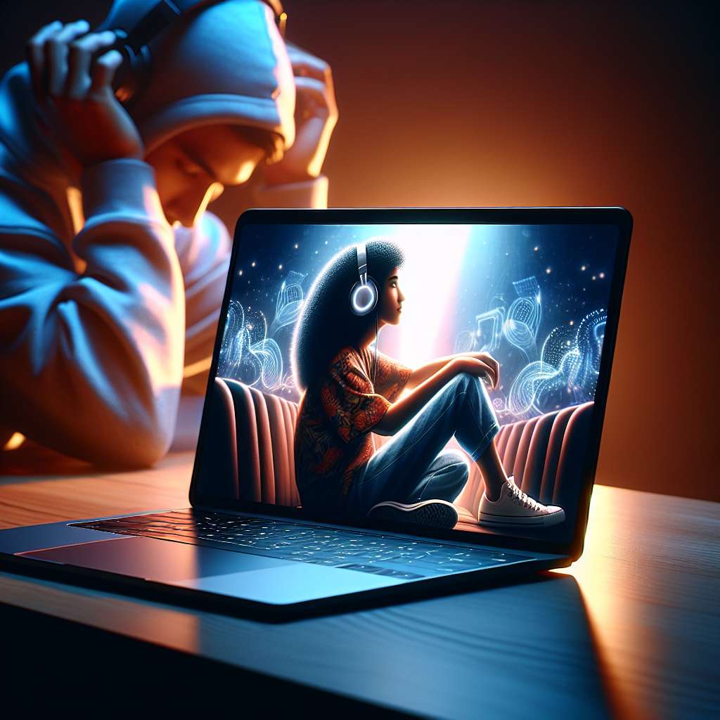 Windows 11 Laptop eine Person sitzt davor und hört Musik von MP3 Dateien