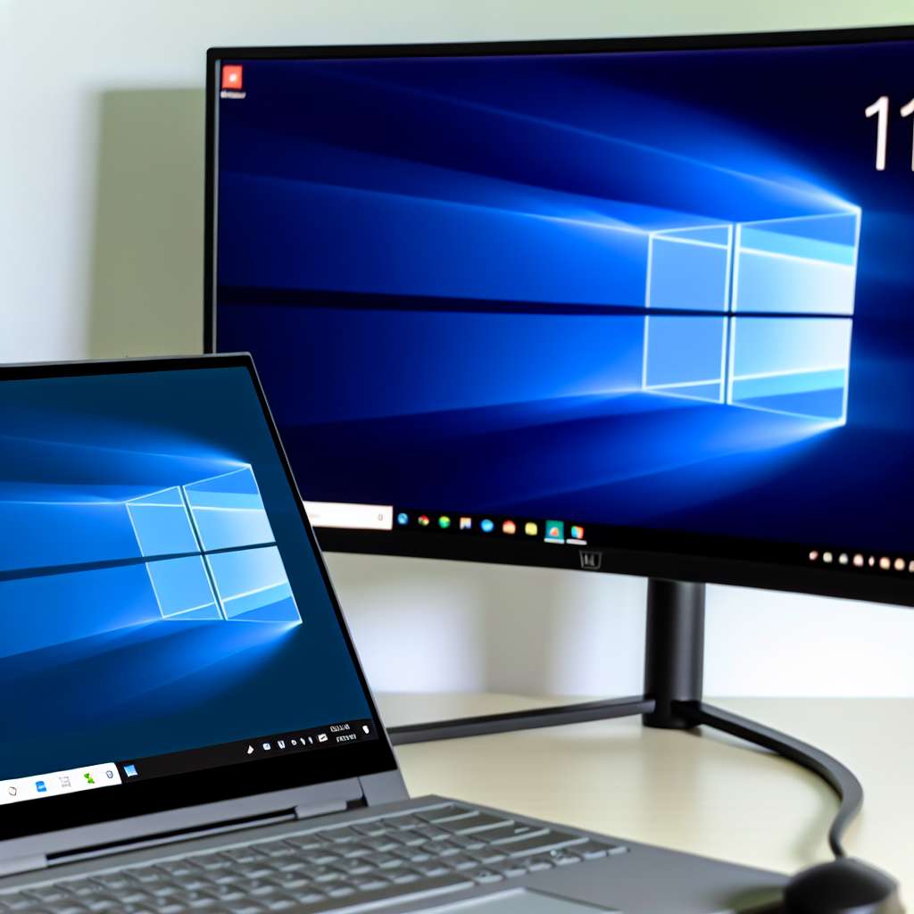 Windows 11 Laptop geschlossen auf einem Schreibtisch. Verbunden it einem Curved Monitor
