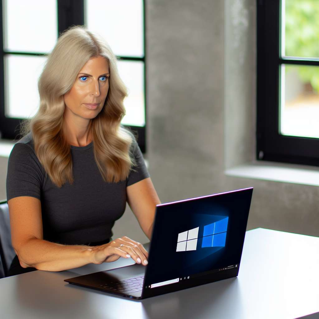 Windows 11 Laptop hübsche uge Frau sitzt davor, 30 Jahre alt, amerikanisches aussehen, blond