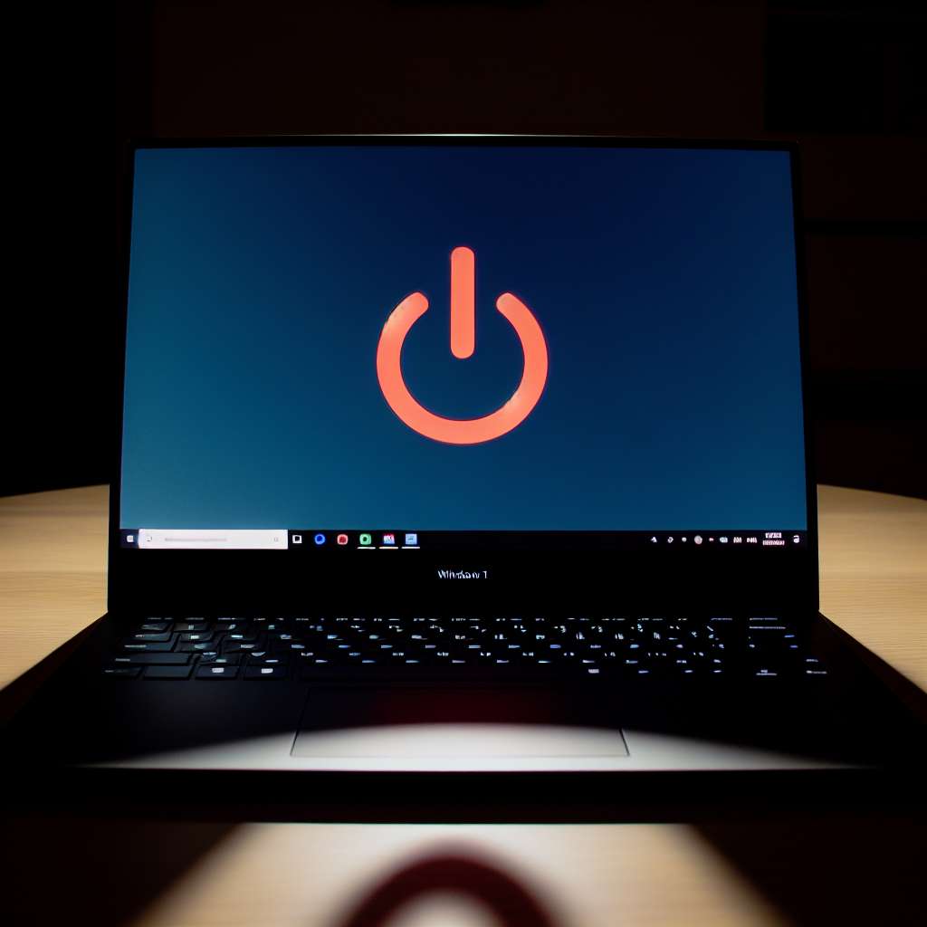 Windows 11 Laptop mit Ausschalten Symbol auf Display