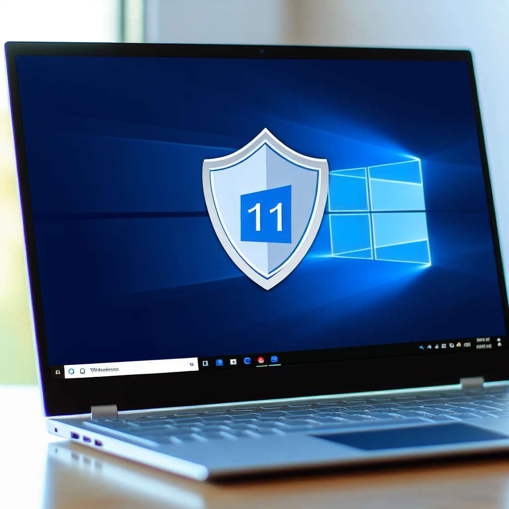 Windows 11 Laptop mit Schutzschild auf dem Bildschirm