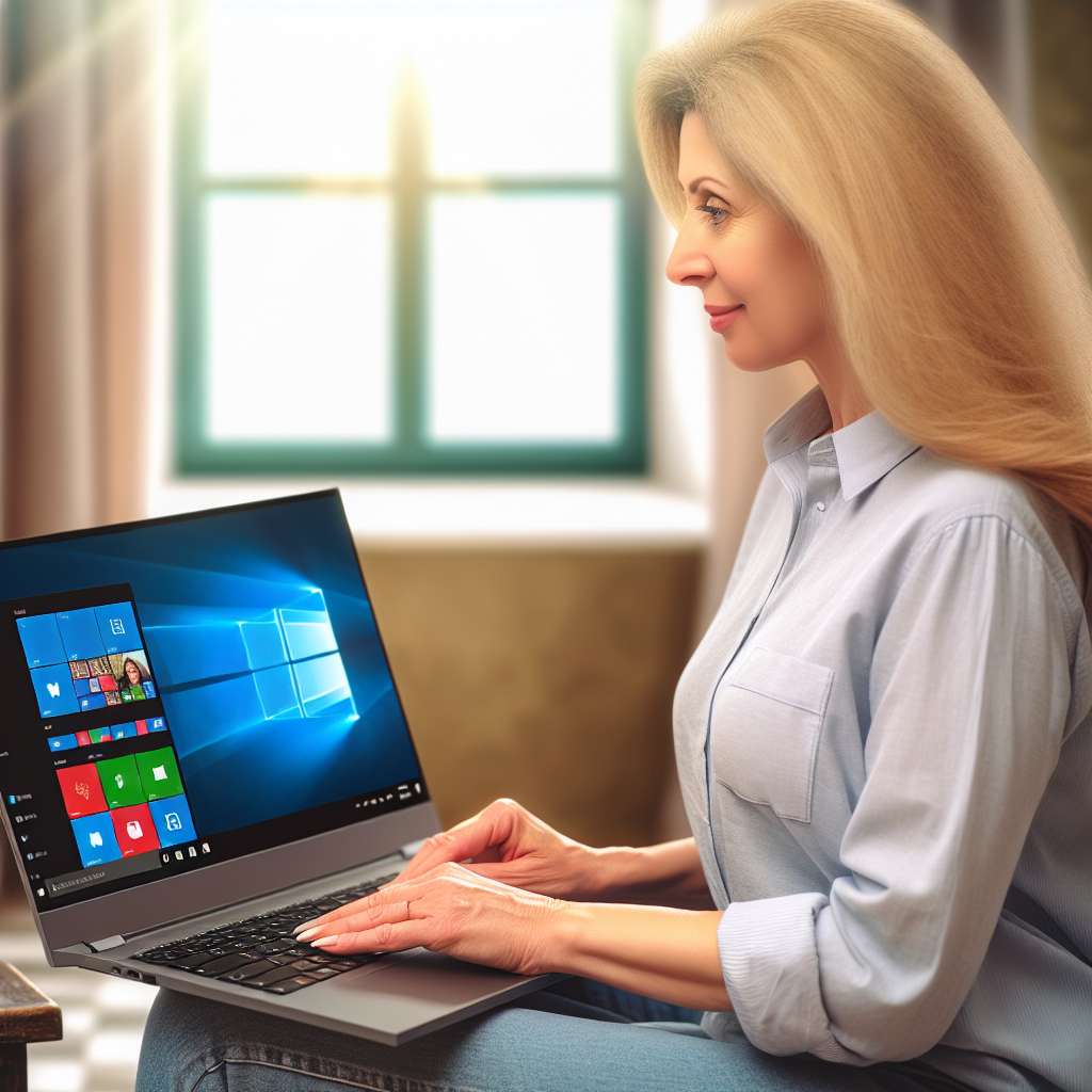 Windows 11 Laptop mit sehr gut aussehender blonder Amerikanerin davor sitzend