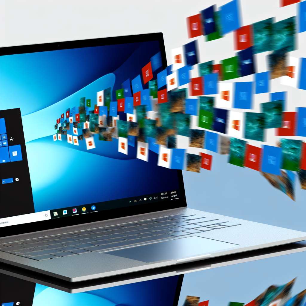 Windows 11 Laptop mit vielen Hintergrundbildern die in den Bildschirm hineinschweben