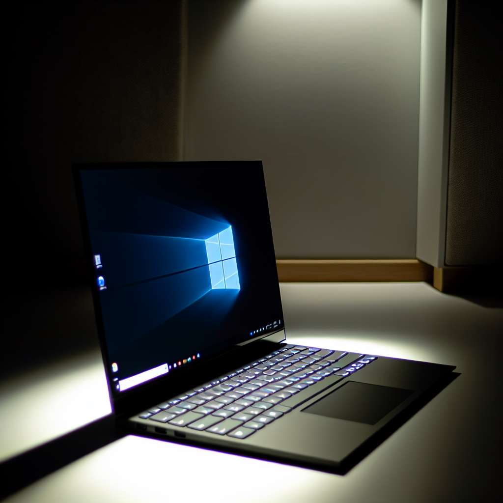 Windows 11 Laptop steht in dunklem Raum