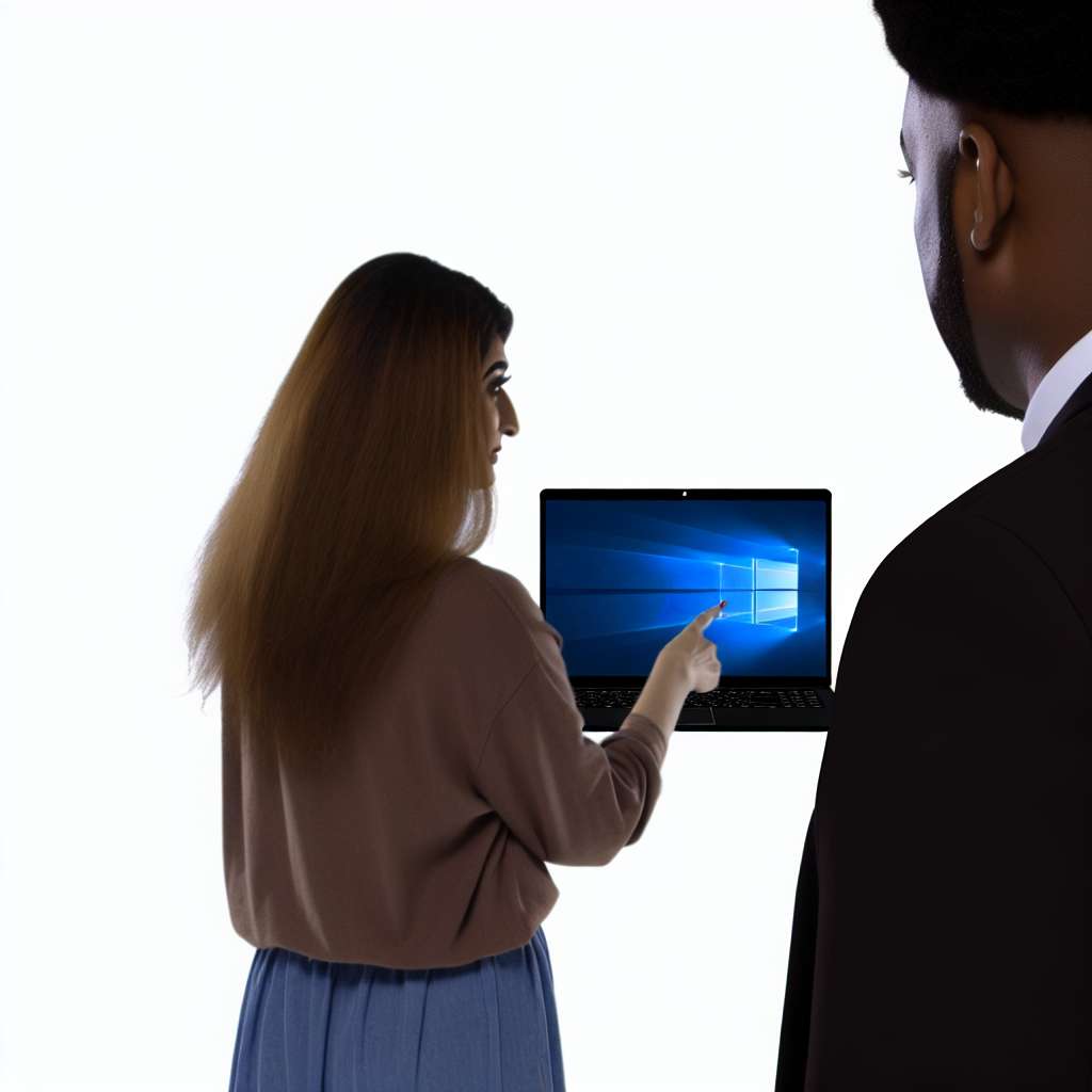 Windows 11 Laptop - zwei Personen stehen davor. Blick in Richtung Rücken der Personen.