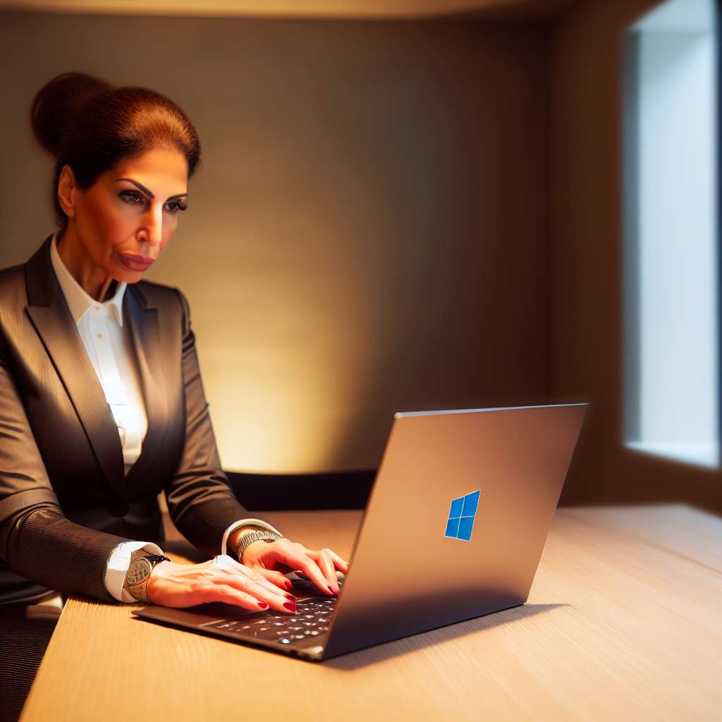 Windows LAptop mit gut aussender Frau Mitte 20 davor sitzend.