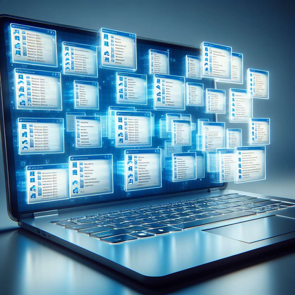 Windows Laptop mit vielen geöffneten Datei Explorer Fenstern